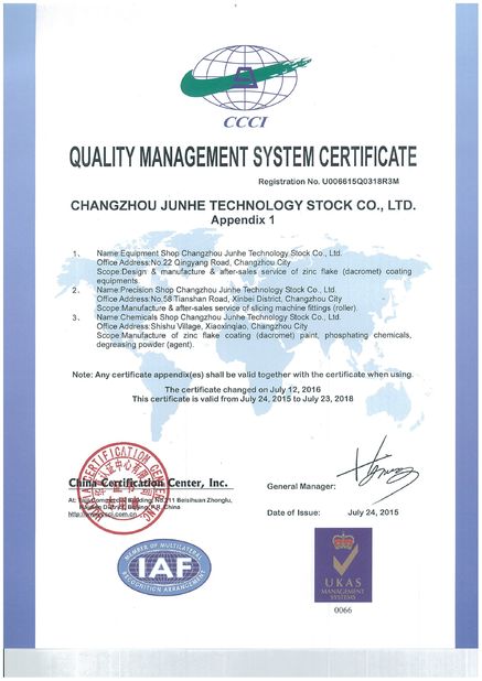 Chiny Changzhou Junhe Technology Stock Co.,Ltd Certyfikaty