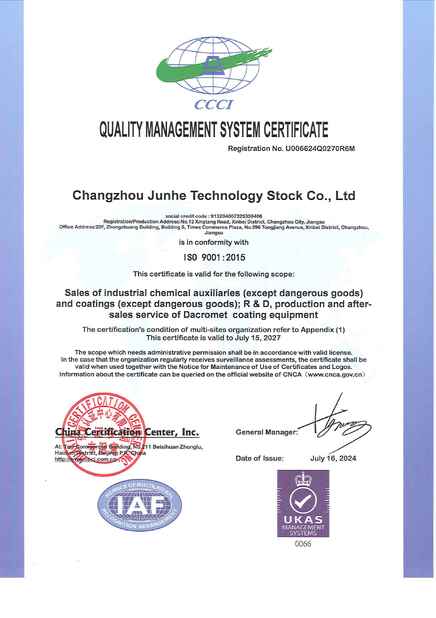 Chiny Changzhou Junhe Technology Stock Co.,Ltd Certyfikaty